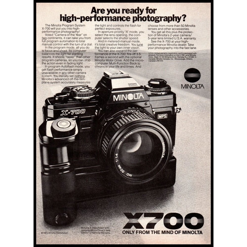 1983 Minolta X700 SLR Film Camera Vintage Print Ad Photography Wall Art Photo